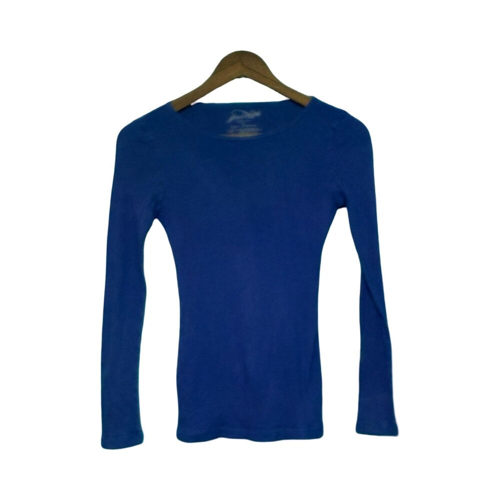 Faded Glory Juniors L Blue Ribbed Long Sleeve Top - 100% Cotton Basic
